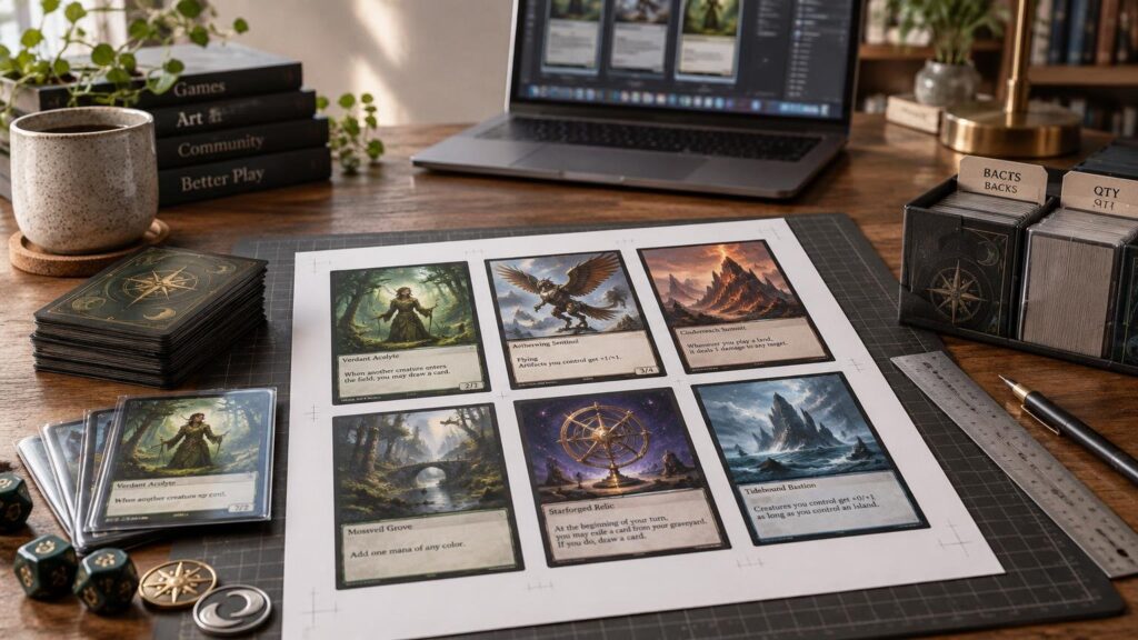 A desk workspace for designing custom fantasy trading cards, with a printed six-card layout on a cutting mat, card stacks in sleeves, dice, a ruler, a pen, storage boxes, and a laptop showing a card-design interface.