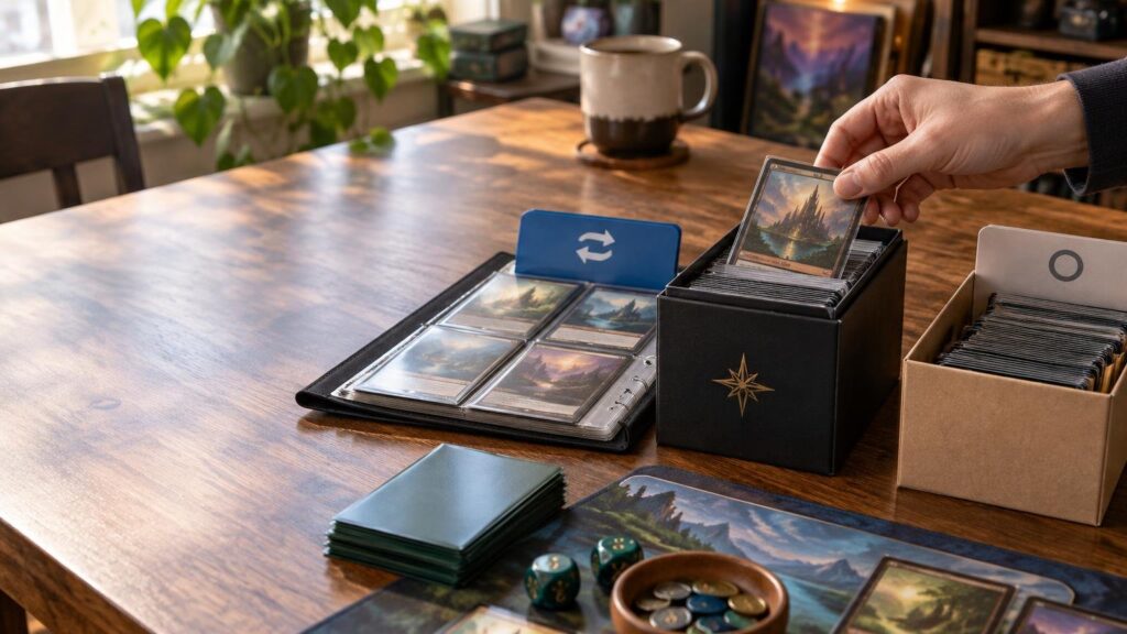A person sorts sleeved fantasy trading cards into a black storage box beside an open binder, card stacks, dice, counters, and a playmat on a sunlit wooden table.