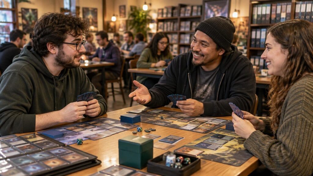 Three people play a trading card game at a table in a busy card shop, with cards, playmats, deck boxes, and dice spread across the table.