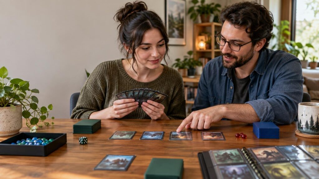 Two people play a trading card game at a wooden table, with cards, deck stacks, dice, counters, and a binder spread between them in a bright home setting.
