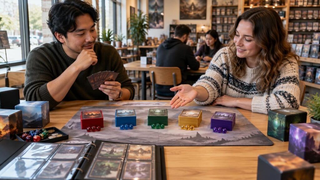 Two players sit at a card-game shop table with colorful decks, dice, fantasy-art cards, boxed products, a playmat, and an open card binder.